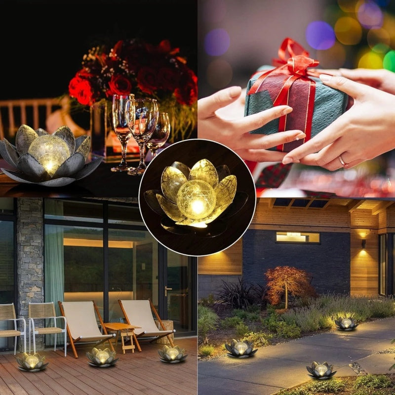 Solar Lotus Flower Light LED Damasque Silver Glass Crackle Ball Ornament 28cm