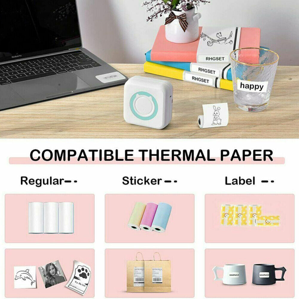 Mini Thermal Printer Sticker Bluetooth Photo Label Paper Inkless+ Rolls Paper