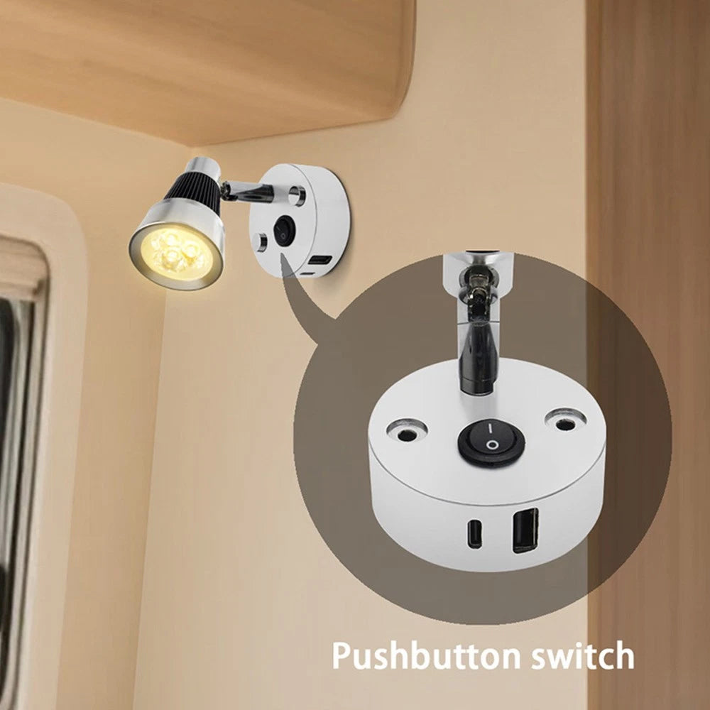 12V 24V Reading Light 3W LED RV Interior with USB & Type-C for Caravan Boat Lamp
