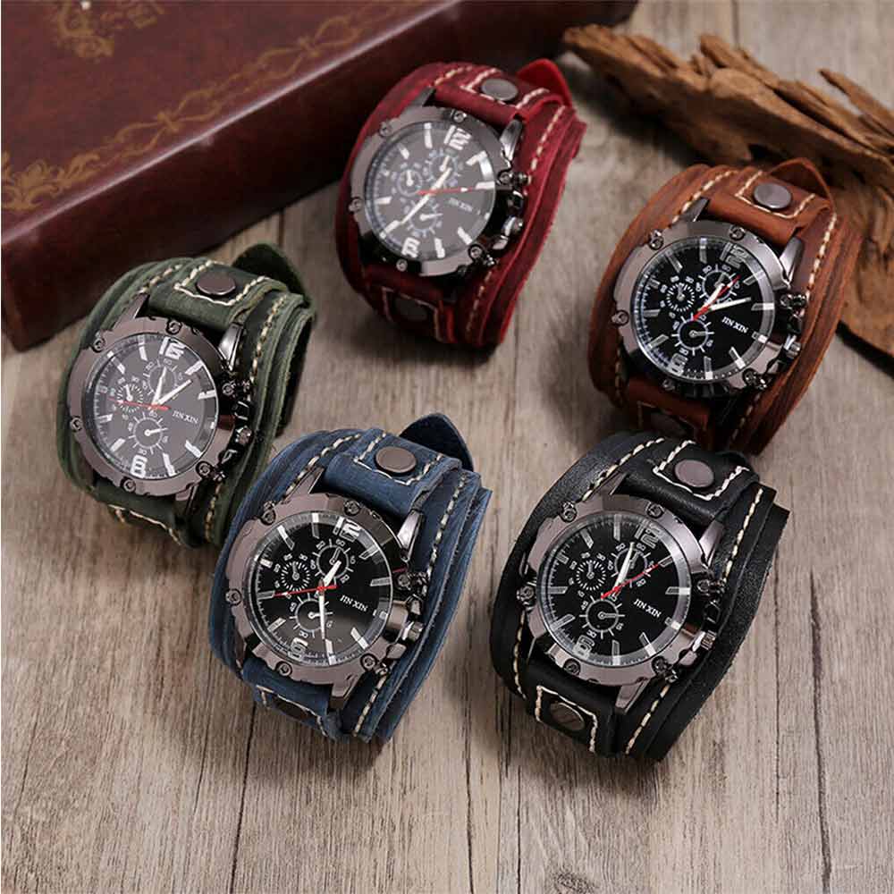 Men Punk Quartz Cuff Watch Wristwatch Military Retro PU-Leather Strap Watch
