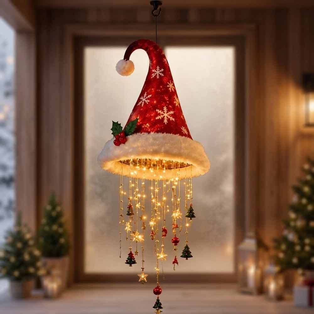 LED Santa Hat Decoration – Hanging Chandelier Light with Star Tassel for Christmas