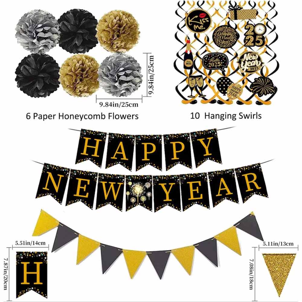New Years Eve Decorations 2025, 18Pcs Black Gold HAPPY NEW YEAR Party Banner Set