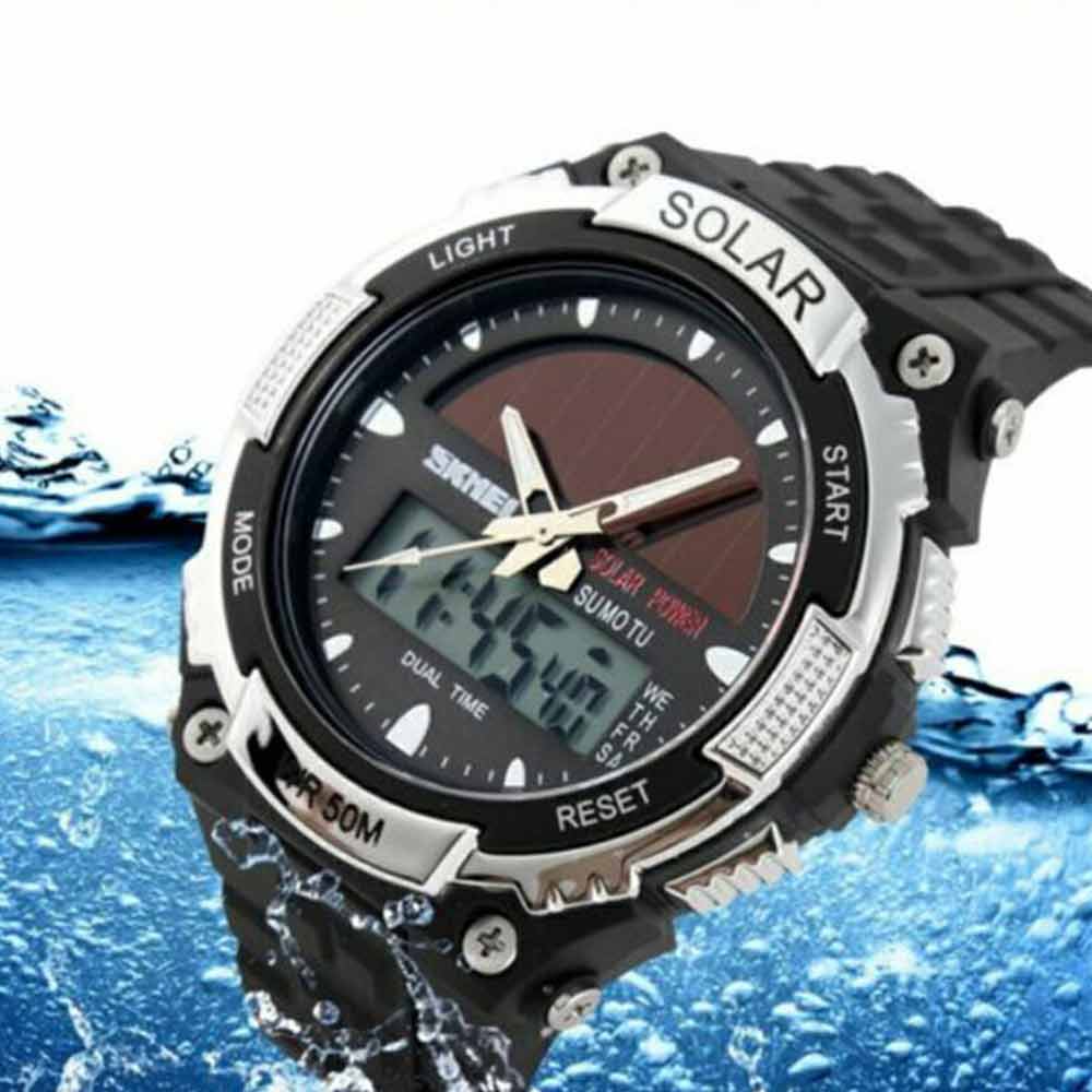 Men's Solar Power Sport Dual Time LED Digital Waterproof Analog Quartz Watch