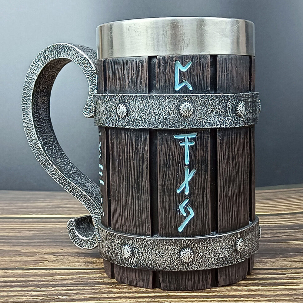 Viking Stainless Steel Tankard Odin Thor Mjolnir Drink Mug Beer Stein Coffee Cup