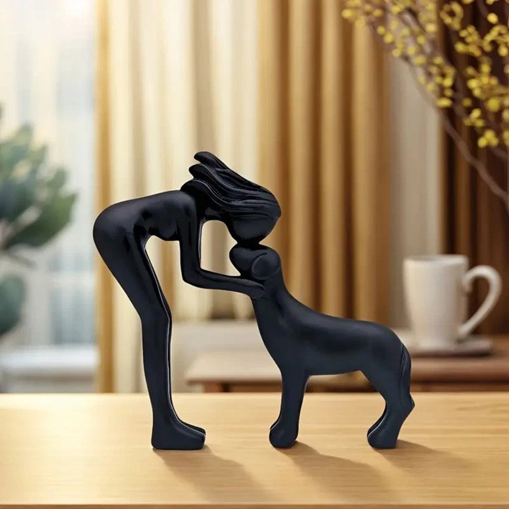 Black Minimalist Human & Dog Statue - 3D Printed Figurine for Pet Lovers, Hand-Like Pose Home Decor