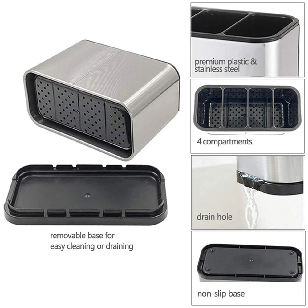 Stainless Steel Cutlery Organizer - Kitchen Utensil Holder with Drain & Compartments