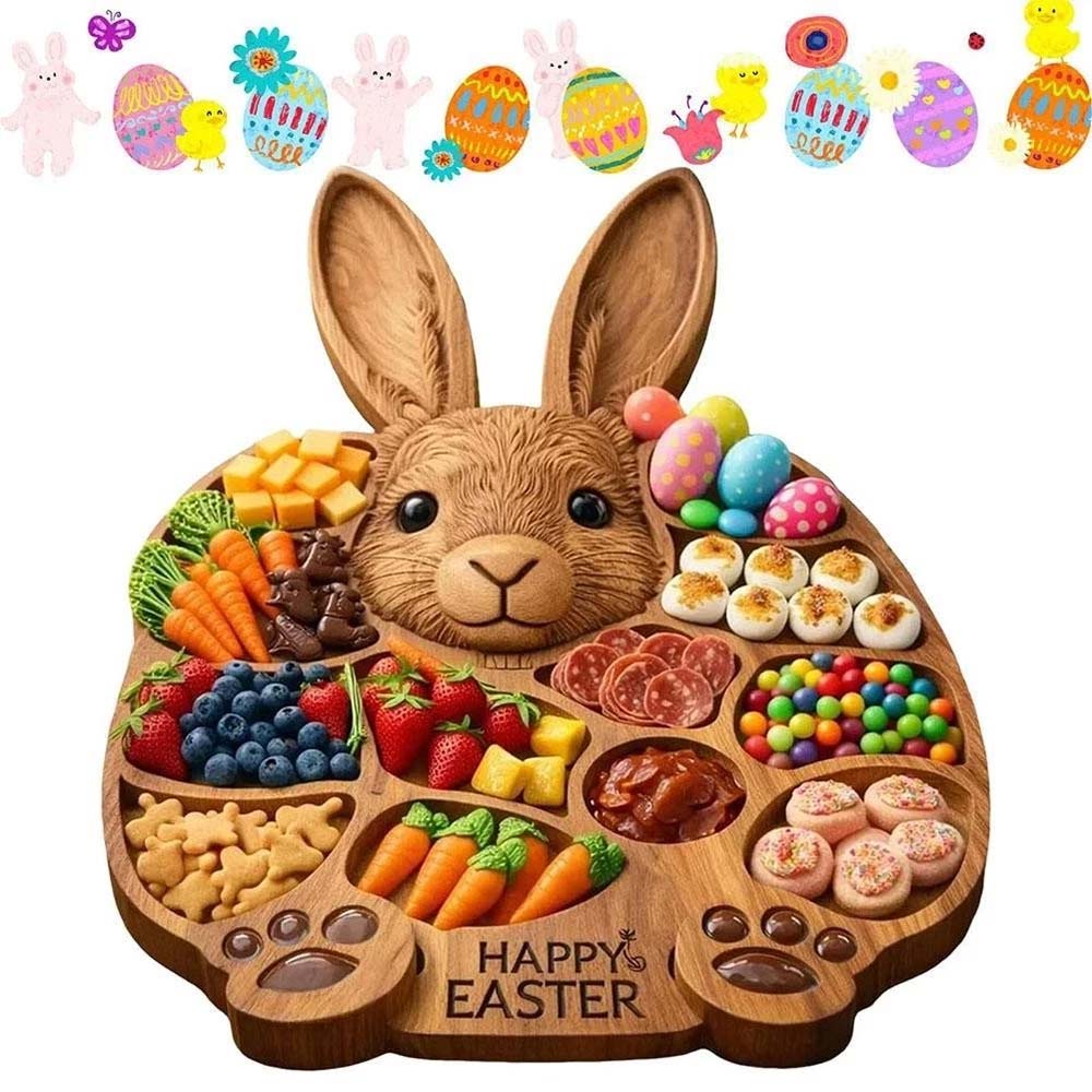 Easter Bunny Wooden Serving Platter - 14" x 14" Cold Dishes Board, Great Gift