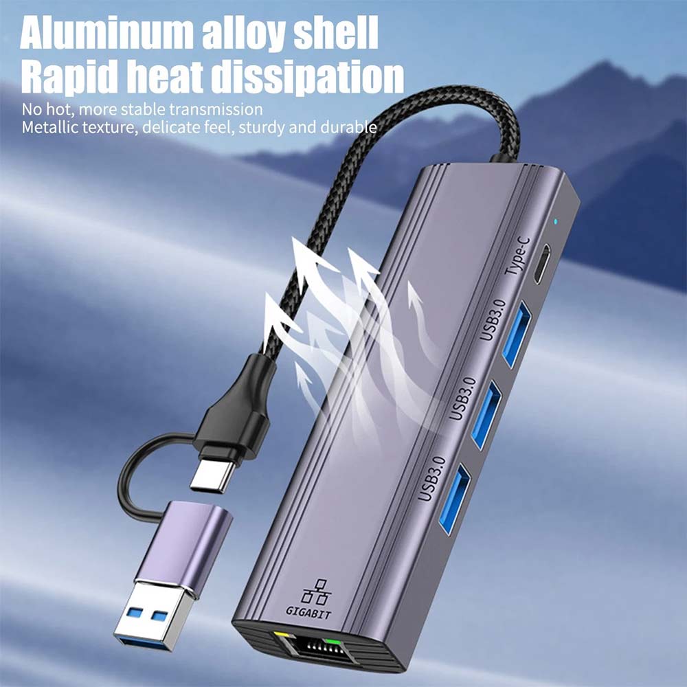 5-in-1 USB C to Gigabit Ethernet Adapter - 1000Mbps RJ45 LAN with 3 USB 3.0 Ports
