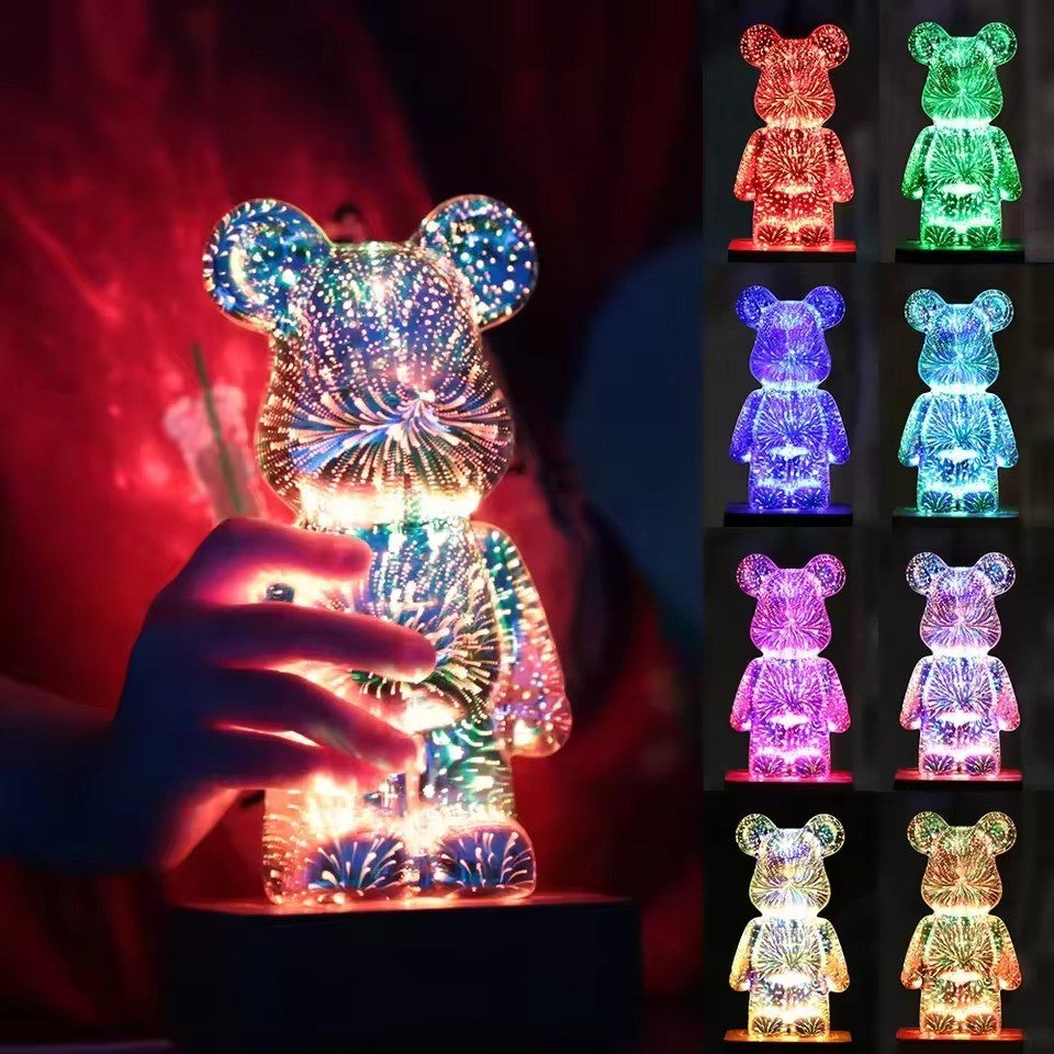 3D Firework Bear Lamp – USB LED Night Light 20cm, 7-Colour RGB Glow