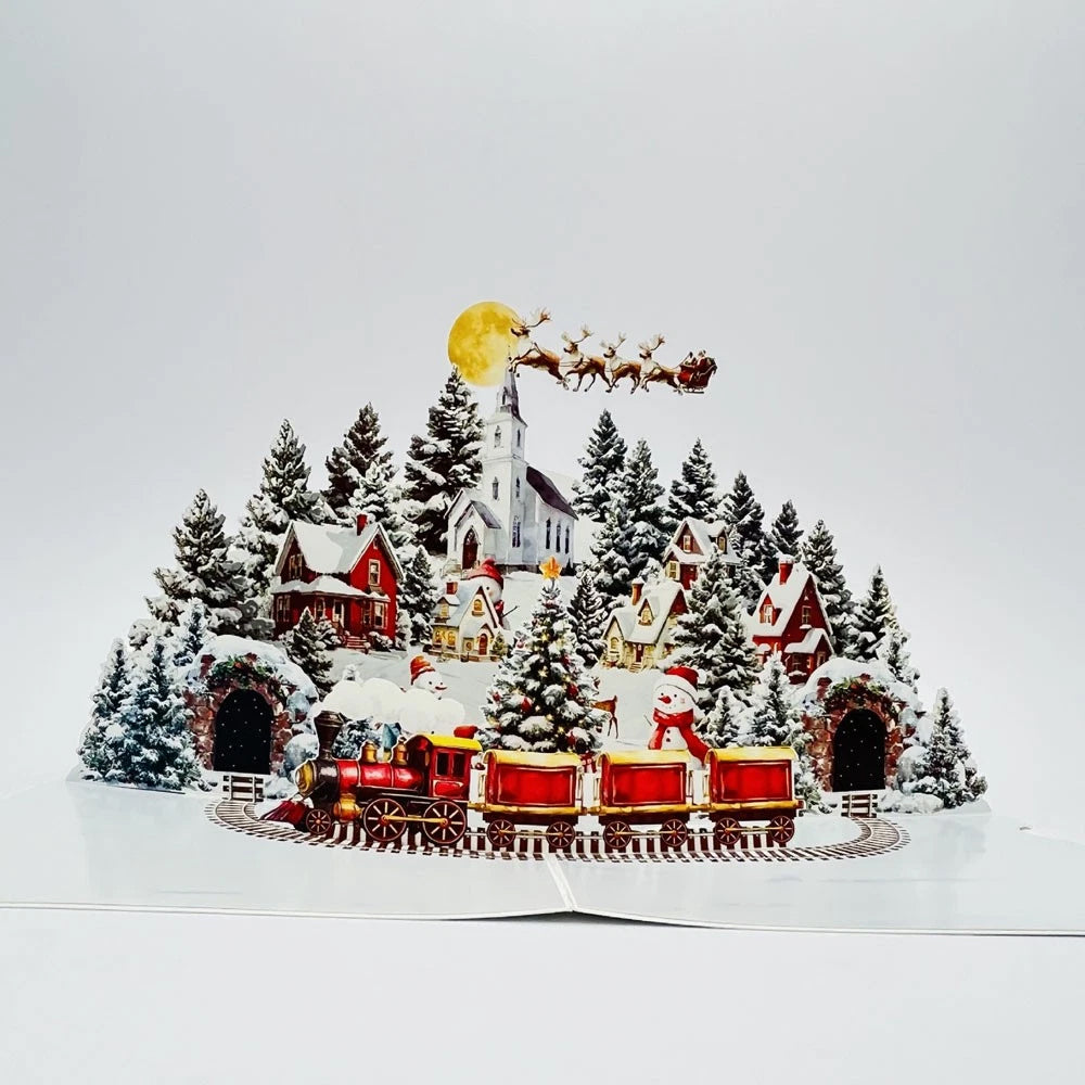 Beautiful 3D Pop-Up Christmas Village Greeting Card – Snowman, Reindeer & Fir Trees Winter Scene