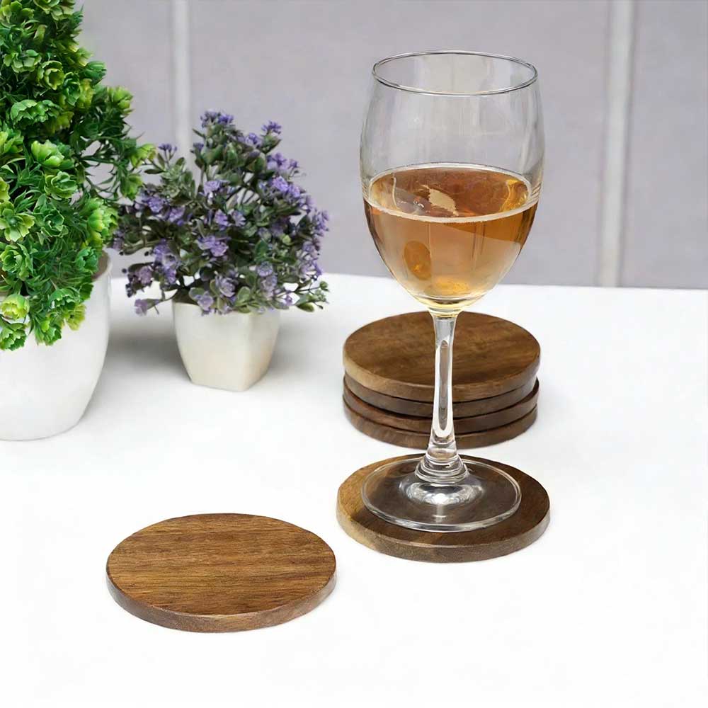 Set of 6 Wood Coasters - Round Wooden Drink Mats for Coffee & Tea