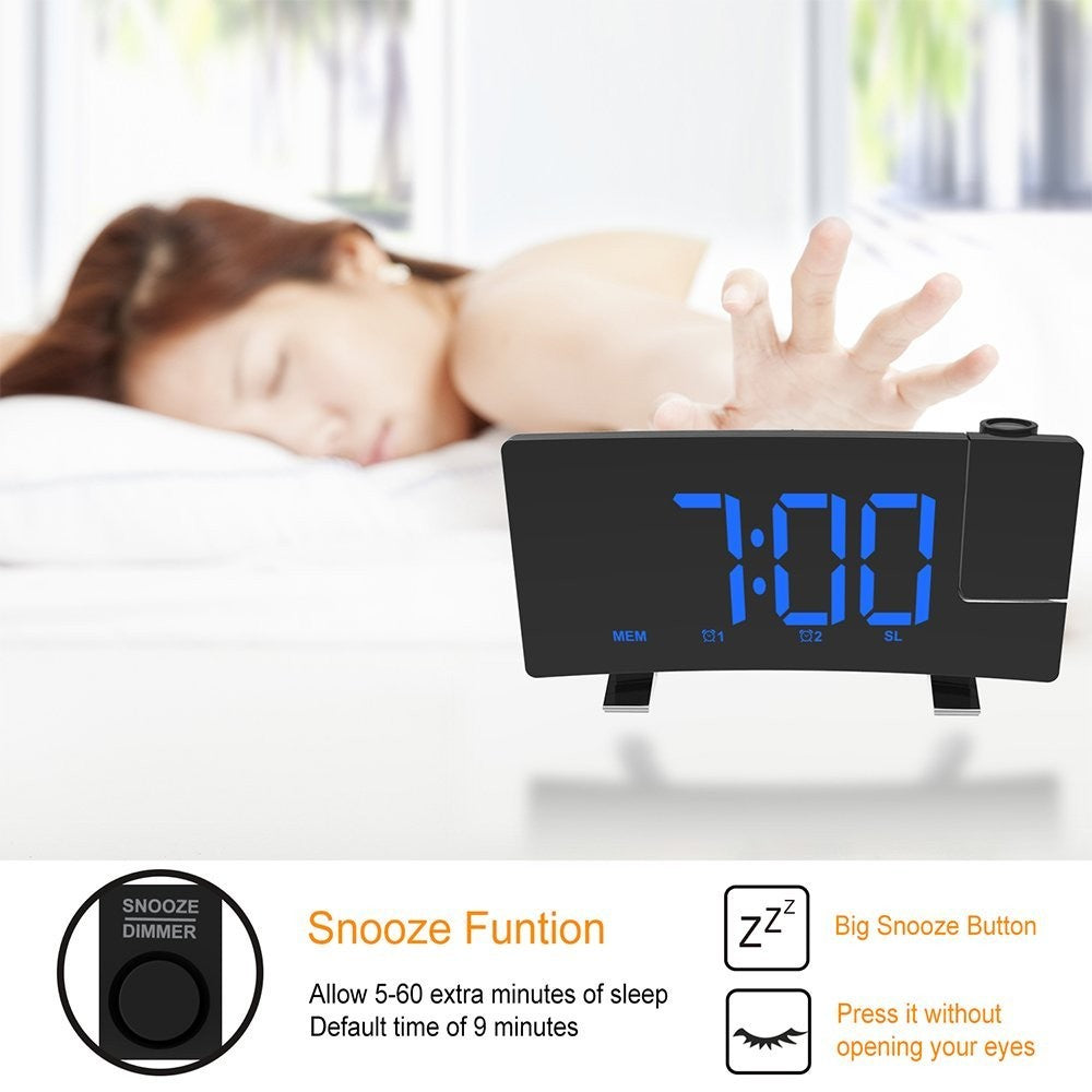 LED Digital Alarm Clock – Radio Projection Clock with Curved Screen & Dual Alarms