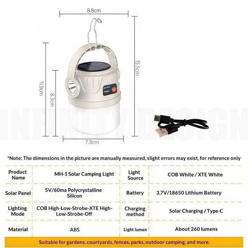 Solar Camping Lantern Flashlight - LED USB Rechargeable Tent Light for Outdoor Use