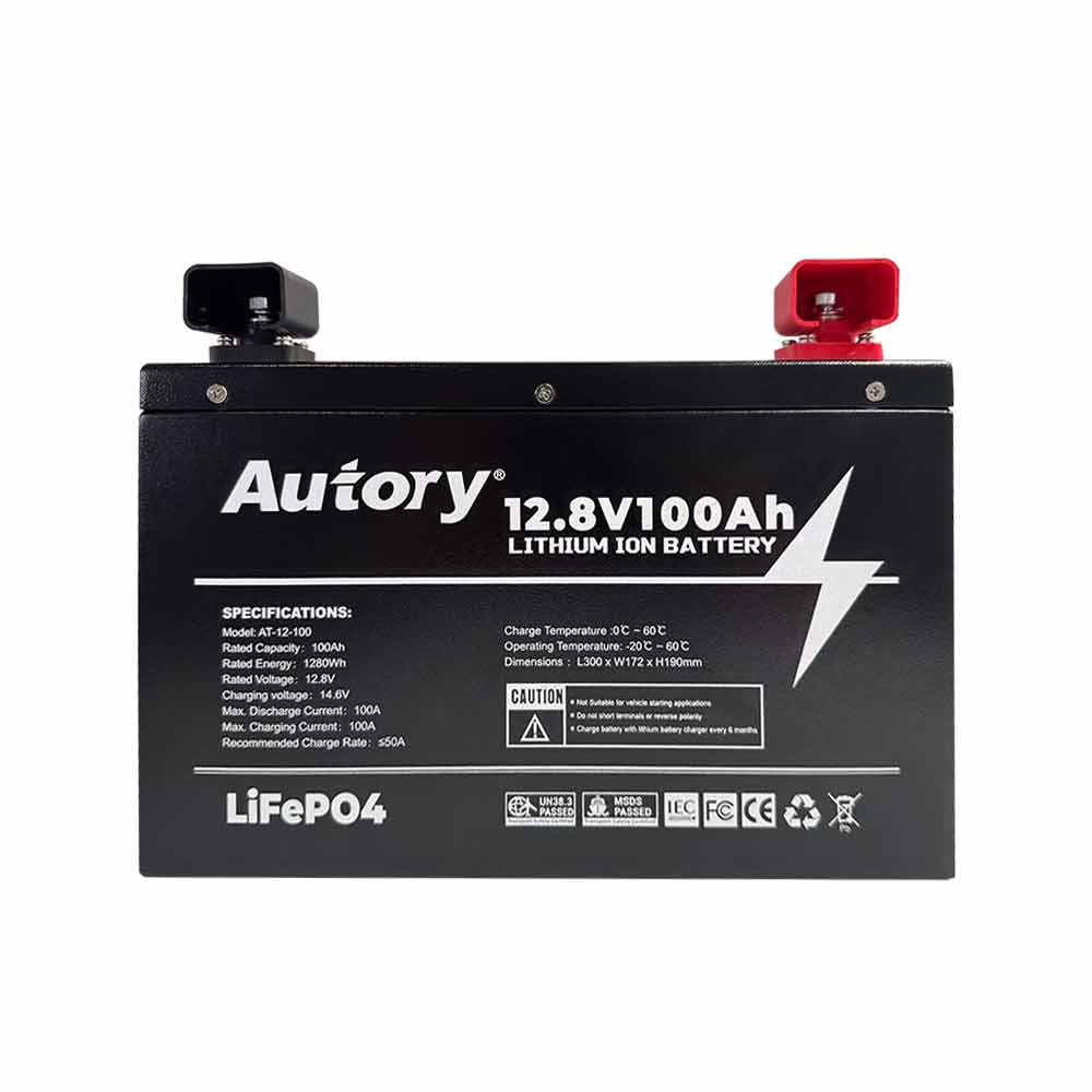 Autory 12.8V 100Ah LiFePO4 Battery with Metal Case & Mounting Bracket | Deep Cycle for RV, Solar, Marine