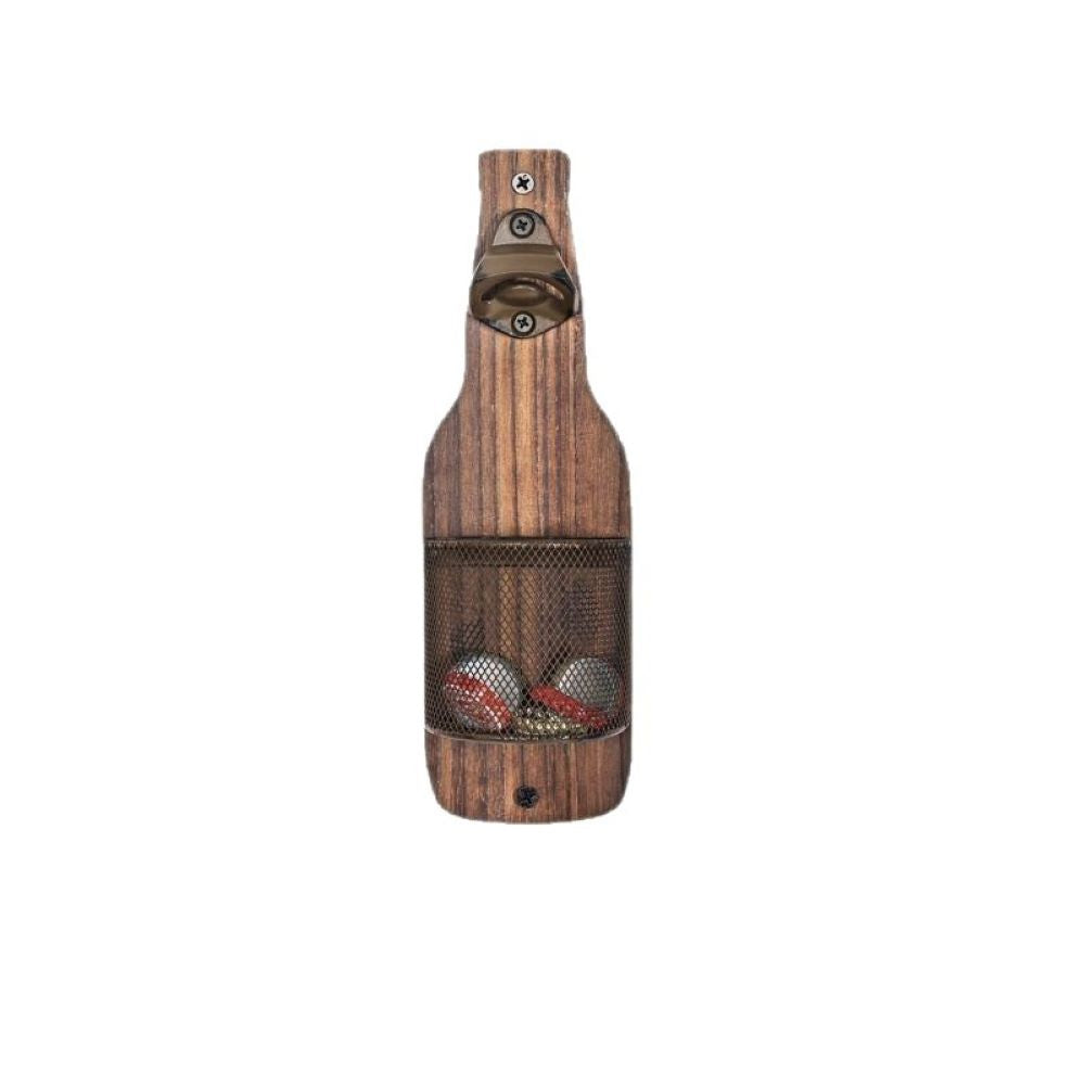 Wall-Mounted Beer Opener – Bottle Cap Catcher for Kitchen Bar, Wooden Design