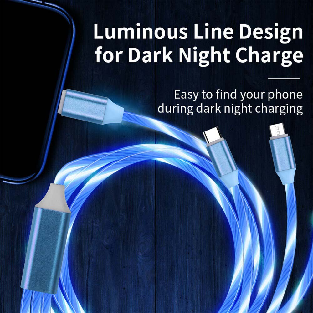 4PCS 1m LED Flowing Light Up 3 in 1 Charging Cable, Micro Type-C iPhone Cable
