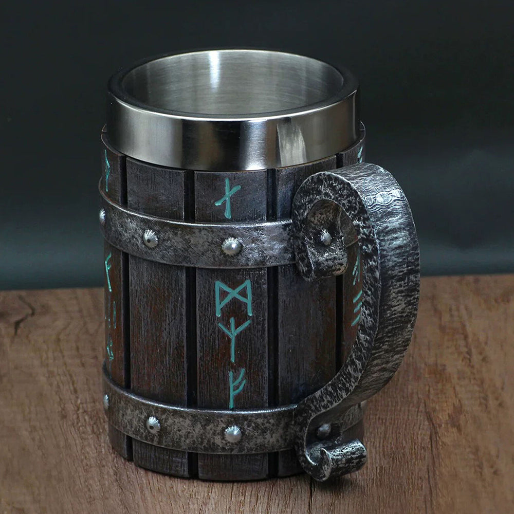 Viking Stainless Steel Tankard Odin Thor Mjolnir Drink Mug Beer Stein Coffee Cup