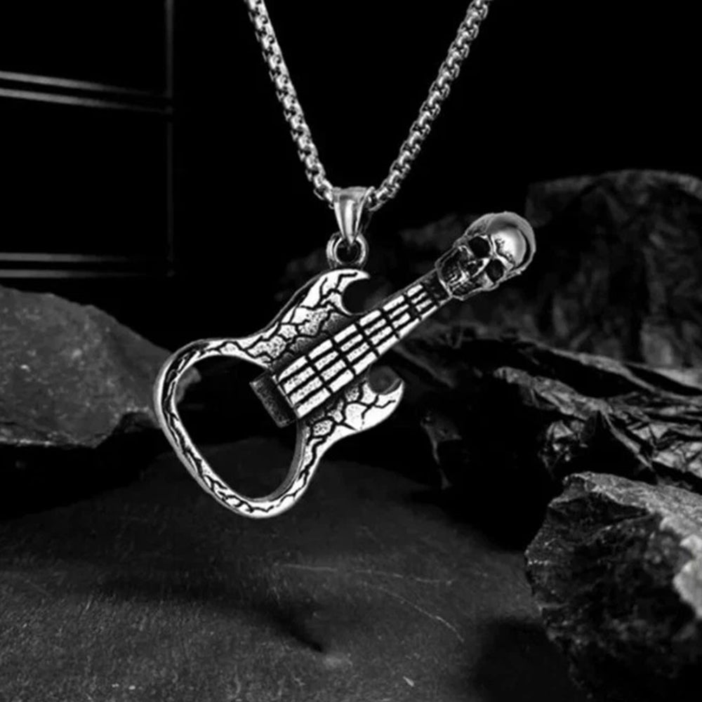 Rock Music Skull & Guitar Pendant Necklace | Stainless Steel Hip Hop Biker Jewelry for Men & Women