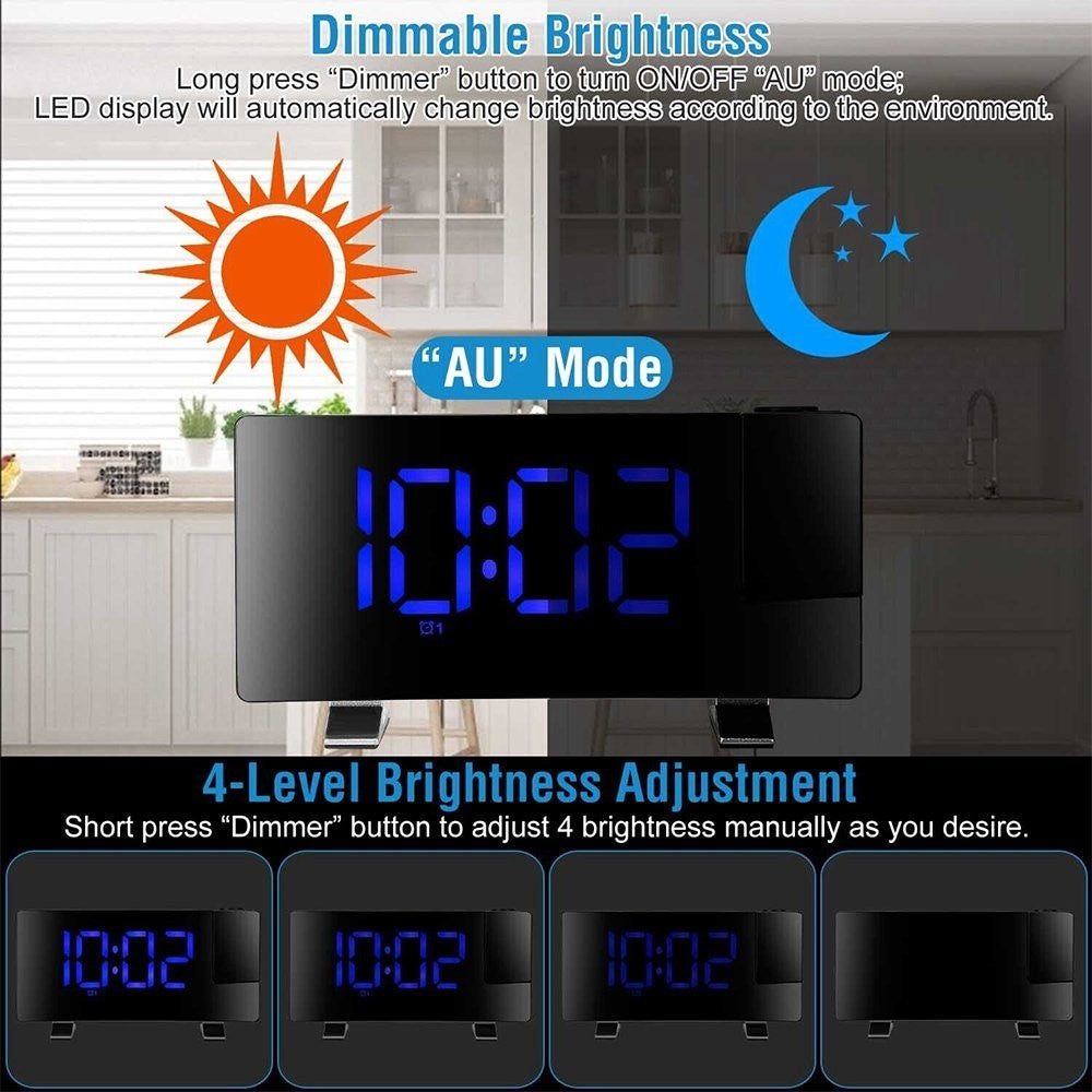 LED Digital Alarm Clock – Radio Projection Clock with Curved Screen & Dual Alarms