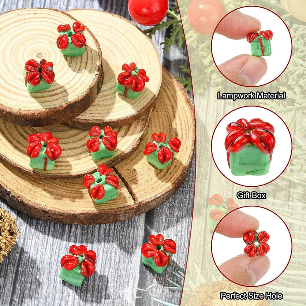 10PCS Christmas Beads – Green Gift Box Lampwork Glass Beads for Jewellery DIY