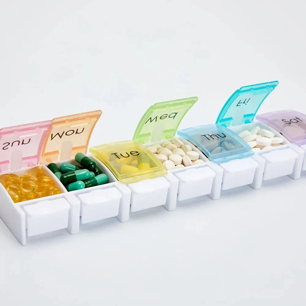 7-Day Pill Organizer with Push-Button Lids - One-Handed Medicine Sorter Box