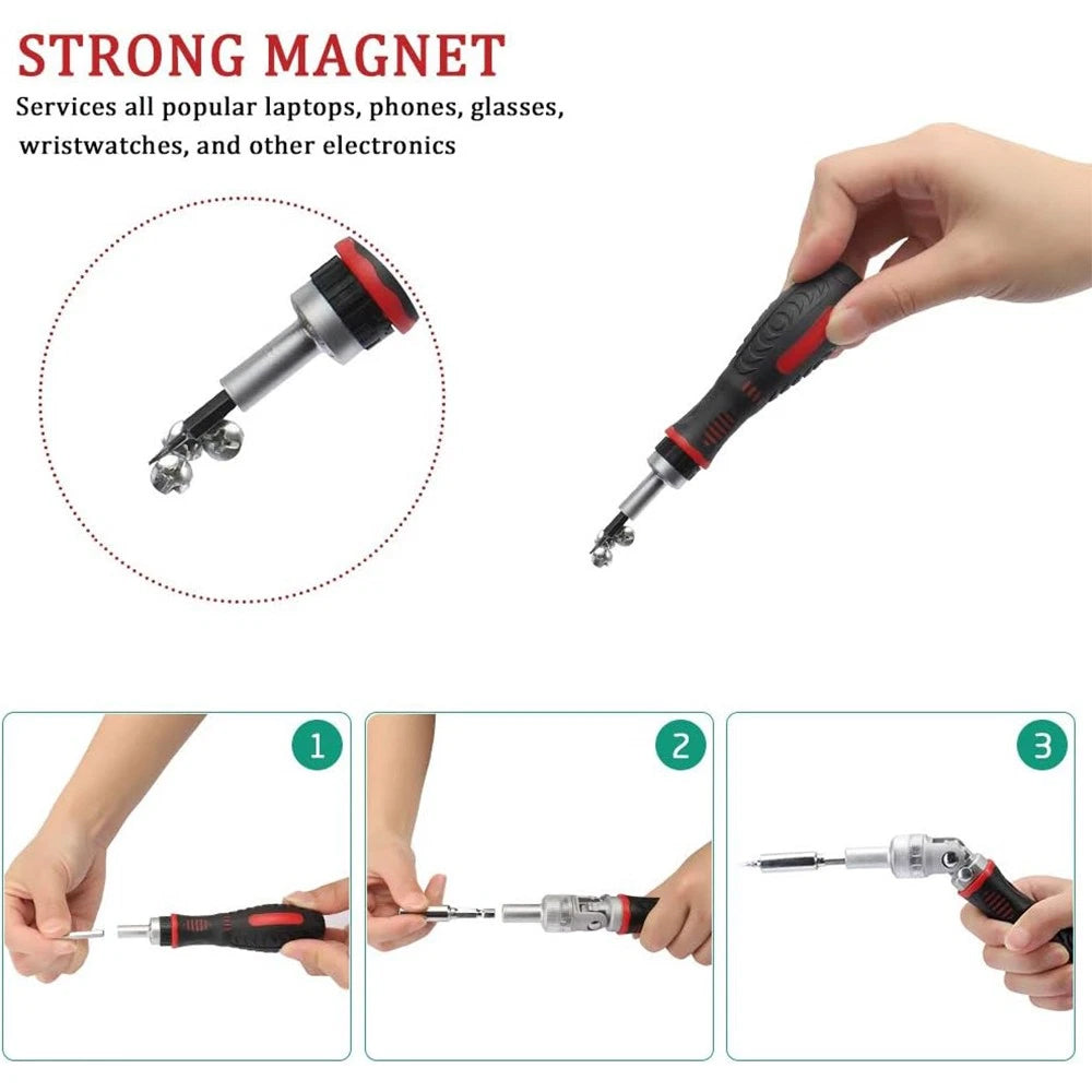61-Piece Ratchet Screwdriver Set - 1/4" Hex Torx & Socket Kit with Right-Angle Handle