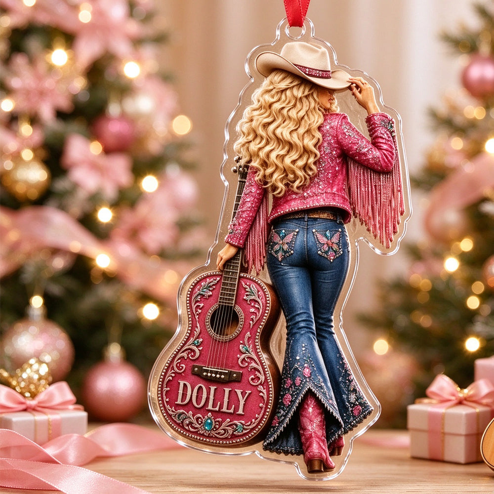 2D Dolly Parton Ornament – Acrylic Pink Fringe Guitar Christmas Decoration