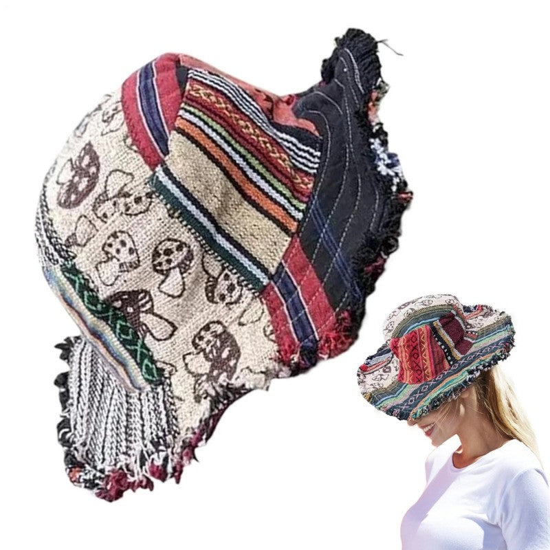Multicolored Mushroom Hemp Fedora Handmade Sun Hat with Hidden Pocket Unique Cap