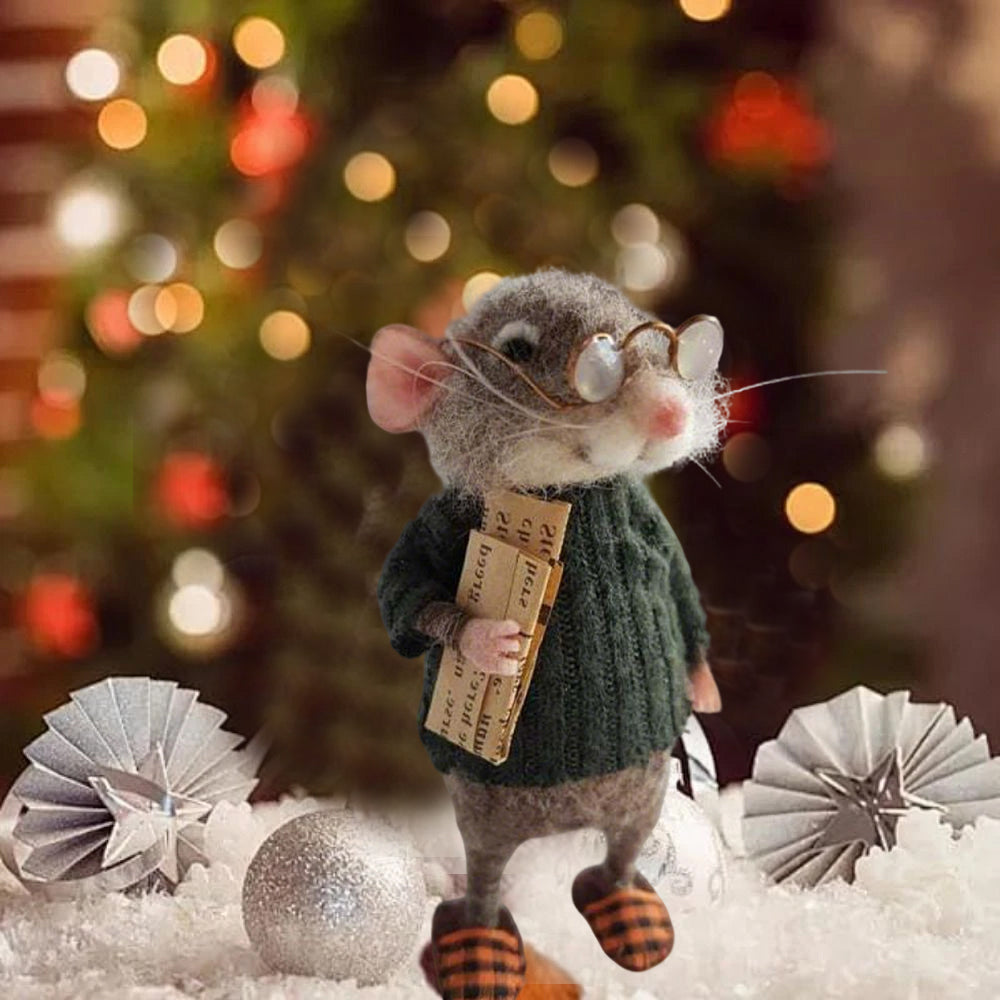 Needle Felted Mouse Christmas Decor - 10cm Handmade Felt Animal Ornament for Xmas Tree