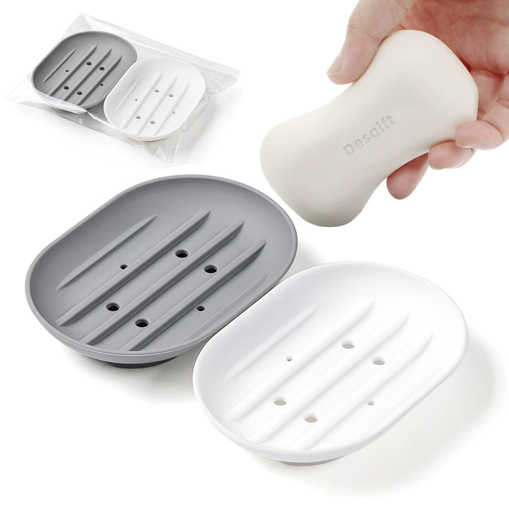 2-Pack Soap Tray – Silicone Bathroom Dish Soapbox with Drainage Holder