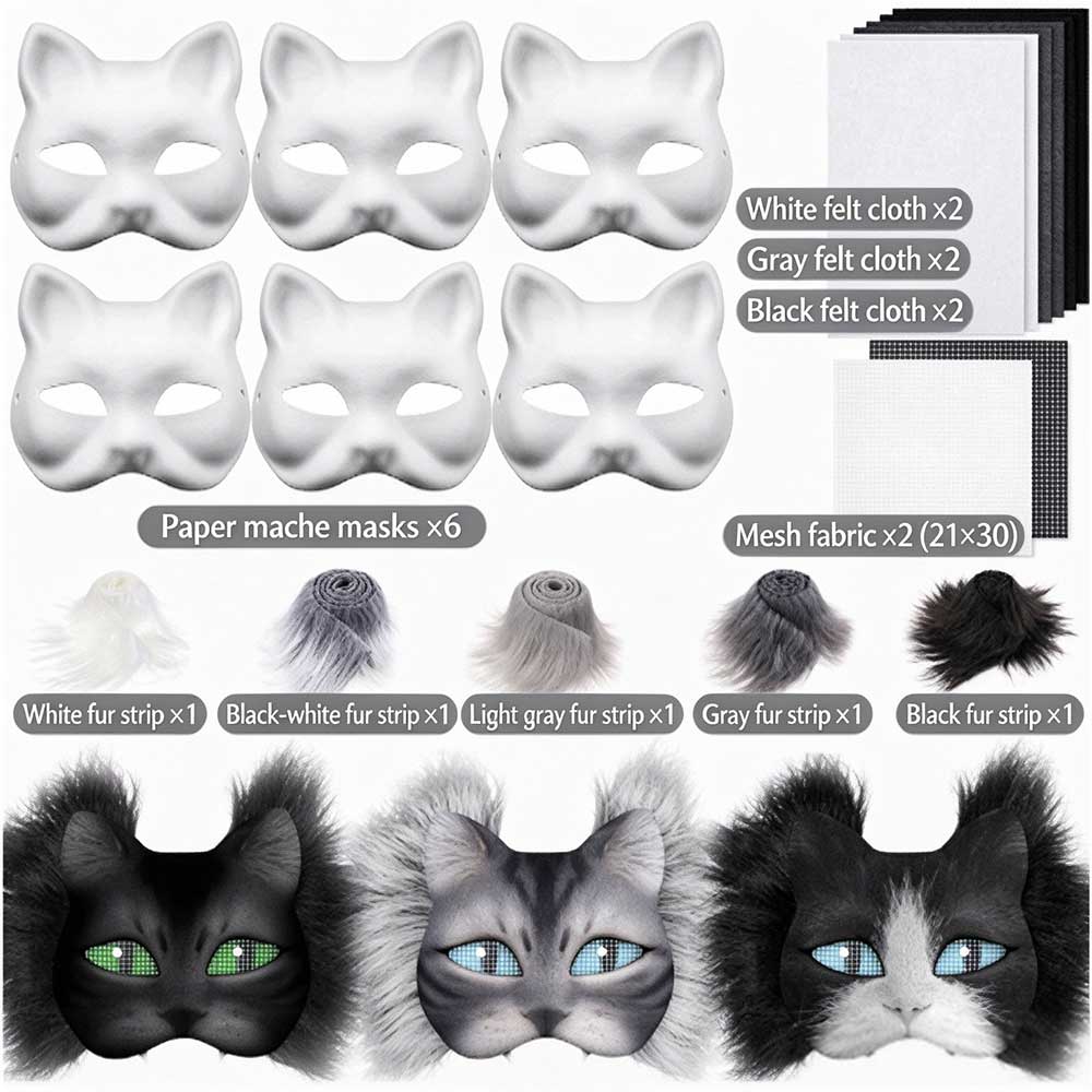 DIY Therian Cat Mask Kit – Faux Mask with Wool Strips for Halloween Cosplay