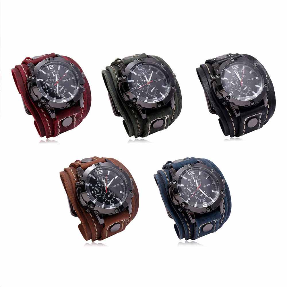 Men Punk Quartz Cuff Watch Wristwatch Military Retro PU-Leather Strap Watch