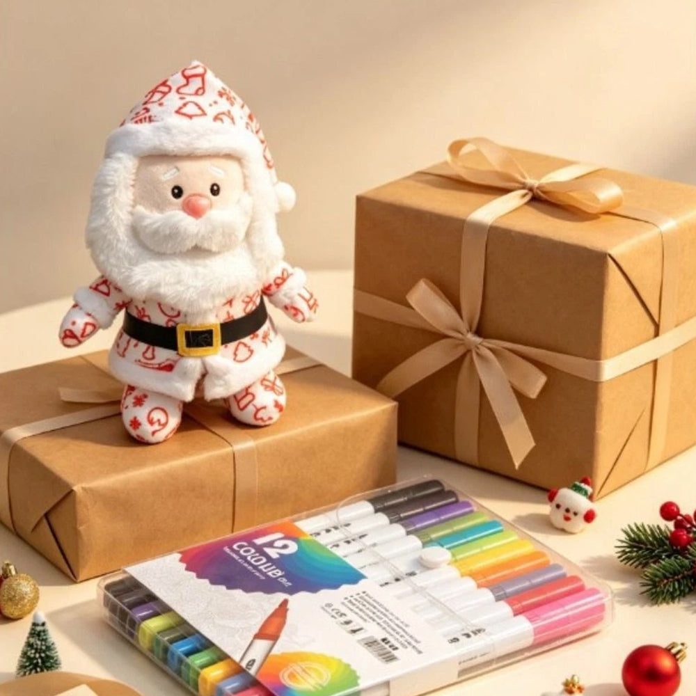 DIY Paintable Santa Plush Toy – Christmas Craft Kit with 12 Coloured Pens