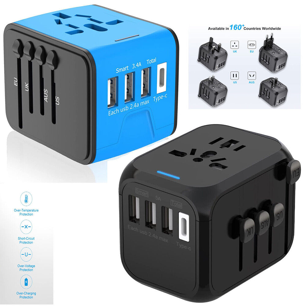 Universal World Travel Adapter 3 USB + Type-C Charger US/UK/EU/AU Plug Converter