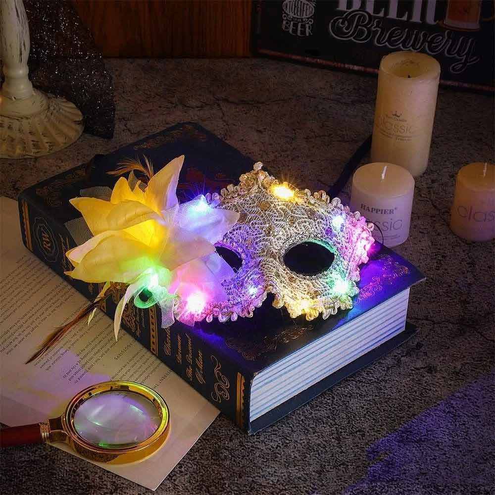 2X Random LED Masquerade Mask – Lace Venetian Light Up Mask with Side Flower for Women