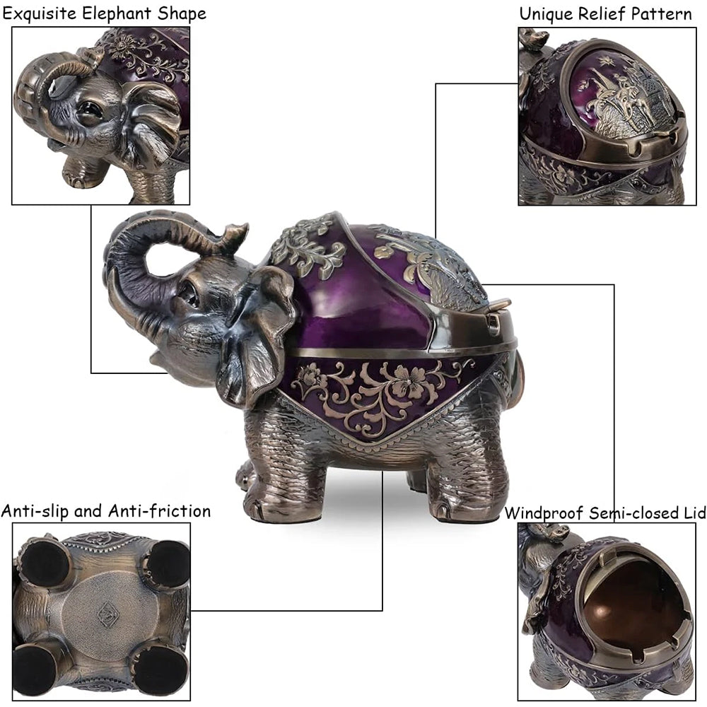 Elephant Ashtray with Lid - Windproof Metal Ashtray for Outdoor & Indoor Use, Decorative Patio & Home Accessory