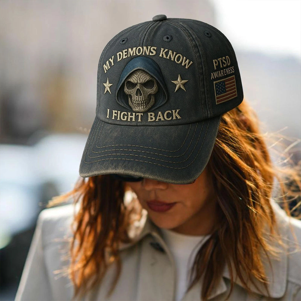 PTSD Awareness Hat – My Demons Know I Fight Back Hat, PTSD Baseball Cap 21-23 In