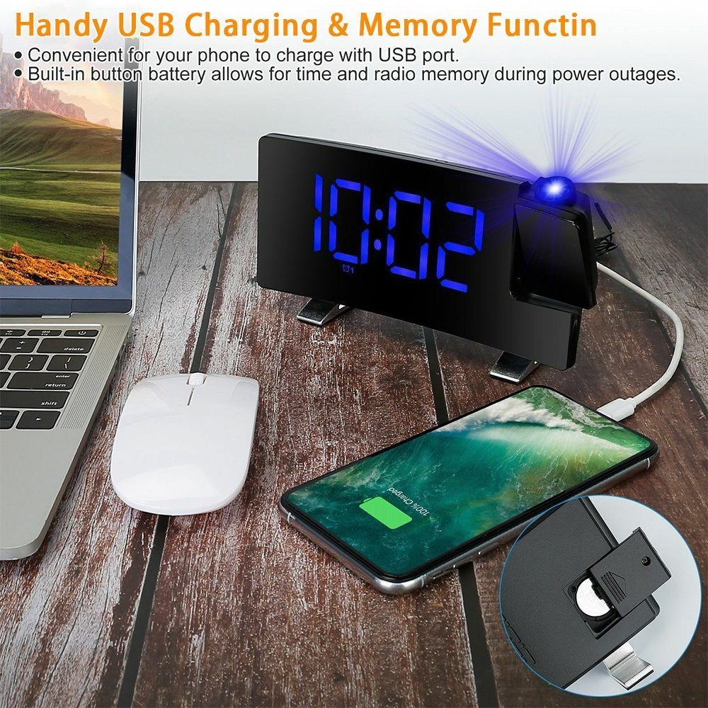 LED Digital Alarm Clock – Radio Projection Clock with Curved Screen & Dual Alarms