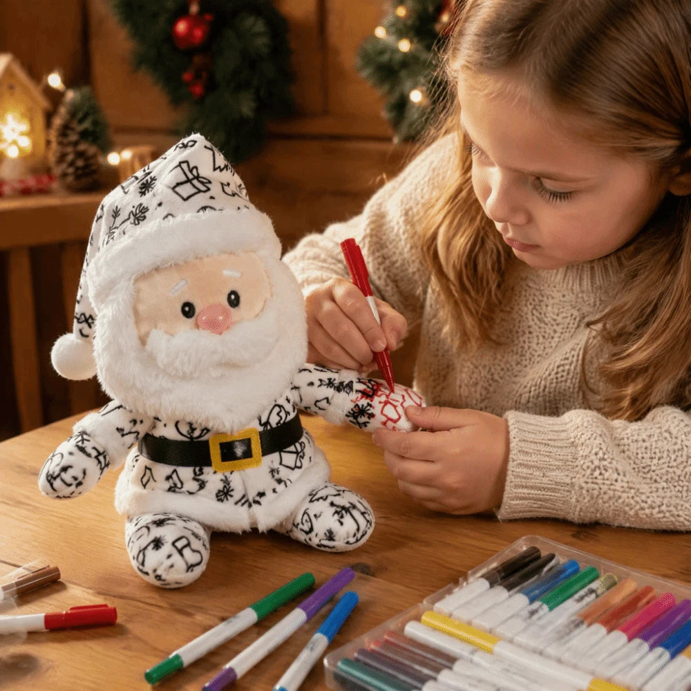 DIY Paintable Santa Plush Toy – Christmas Craft Kit with 12 Coloured Pens