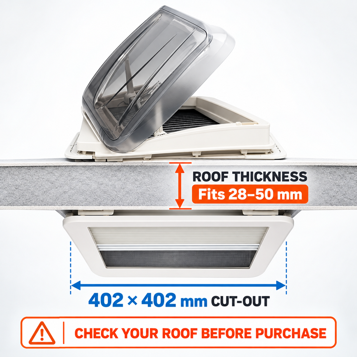 Caravan Roof Hatch 400 × 400mm – Skylight with Pleated Blind & LED Halo