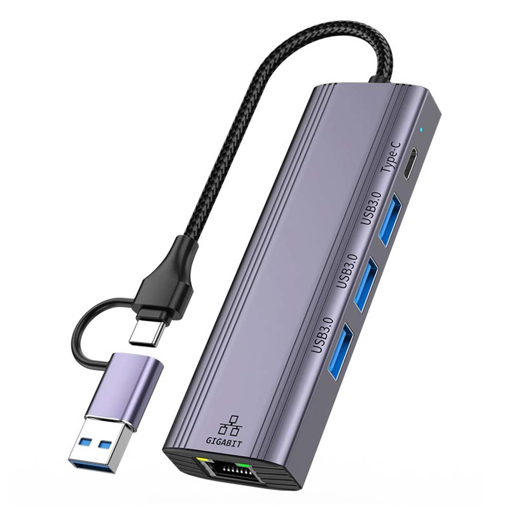 5-in-1 USB C to Gigabit Ethernet Adapter - 1000Mbps RJ45 LAN with 3 USB 3.0 Ports