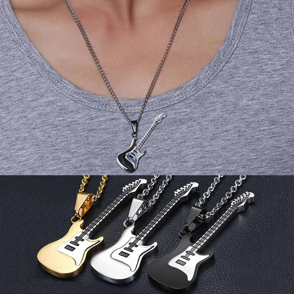 3-Piece Stainless Steel Music Guitar Pendant Necklace Set | Rock Style Unisex Jewelry Gift