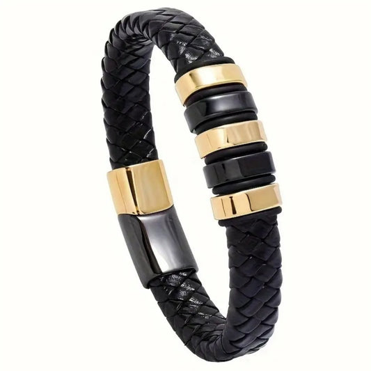 Mens Magnetic Braided Wristband Leather Rope Bracelet Bangle Wrap Black 22 cm
