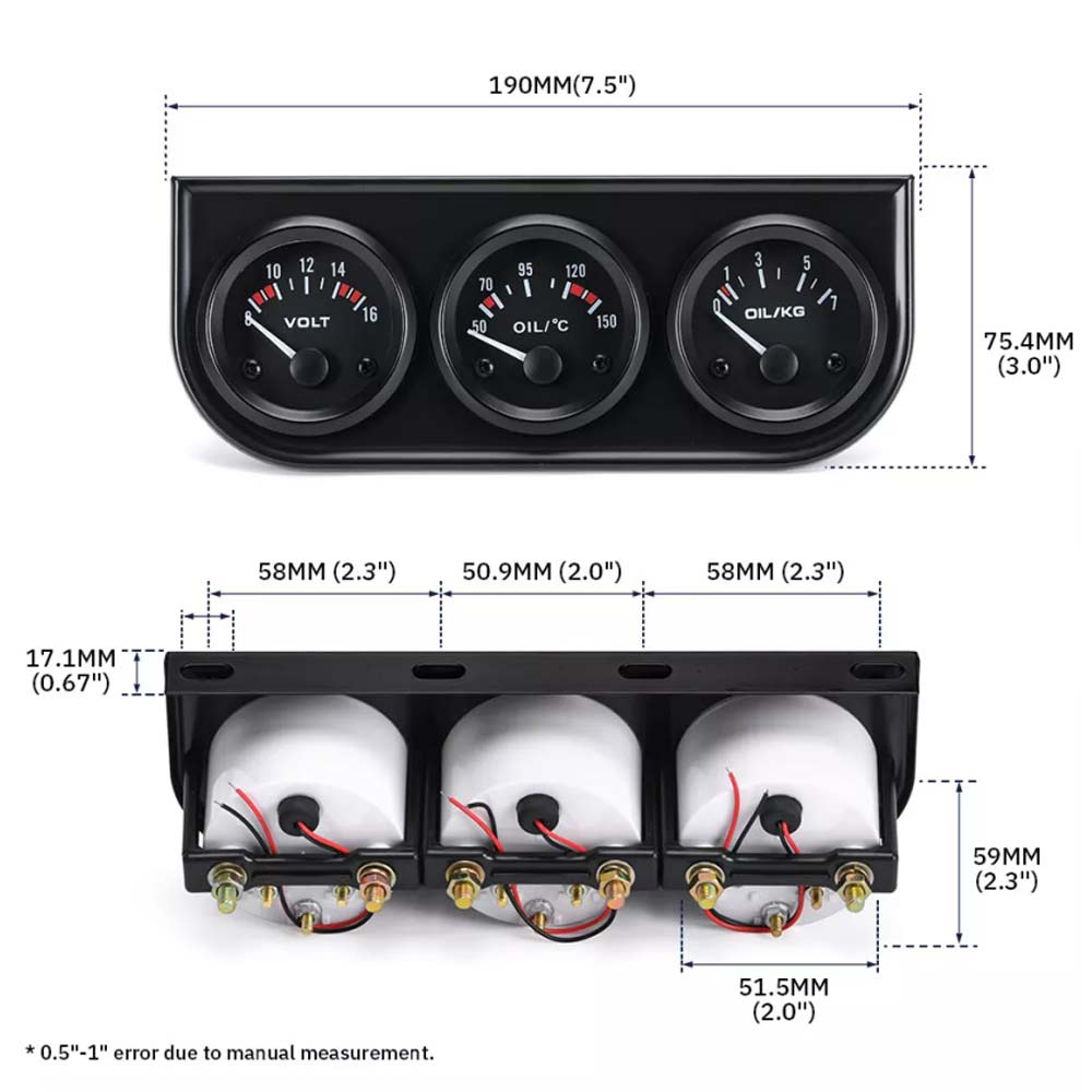 52mm Car Electronic Triple Gauge Kit Oil Pressure + Water + Tem +Voltmeter Meter