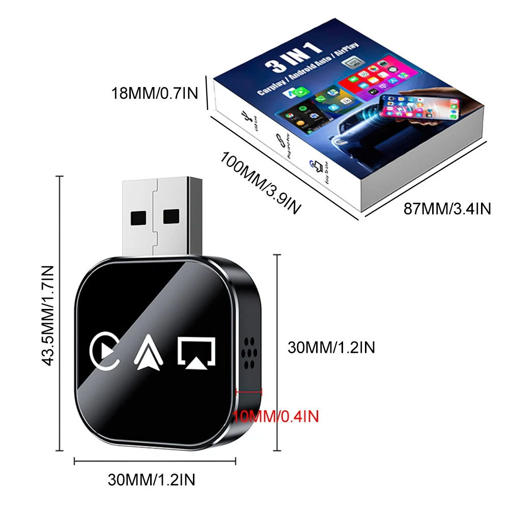 3-in-1 Wireless CarPlay & Android Auto Adapter - iOS Mirror, USB Plug & Play