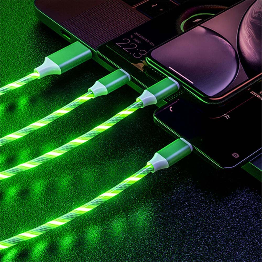 4PCS 1m LED Flowing Light Up 3 in 1 Charging Cable, Micro Type-C iPhone Cable