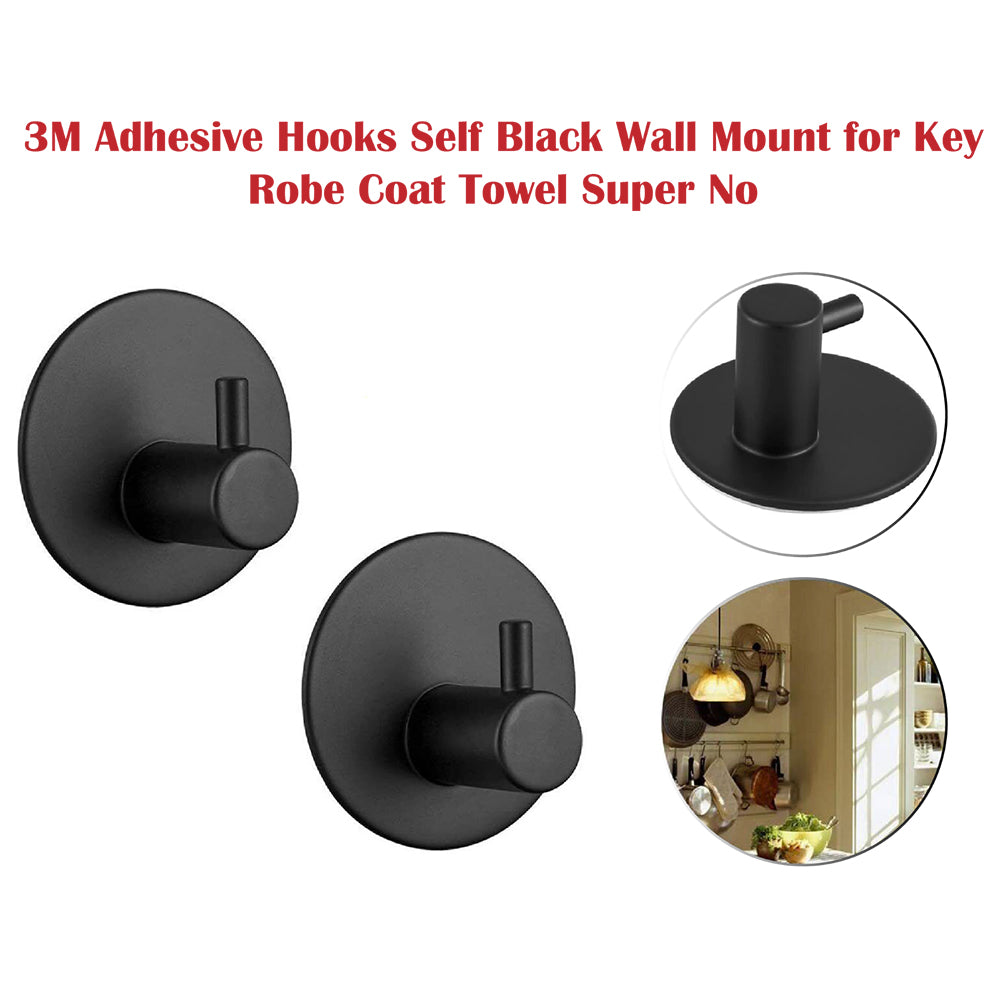 4X 3M Adhesive Hooks Self Adhesive Black Wall Mount Hook for Key Robe Coat Towel