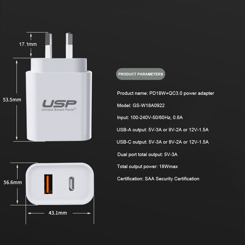 20W DUAL USB-A Type C Fast Wall Charger Adaptor QC3.0 For Android iPhone SAA