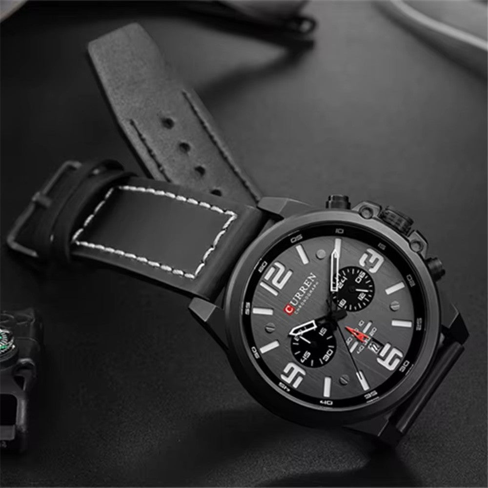 Men's Business Quartz Watch – Leather Chronograph Calendar 47mm Multifunction