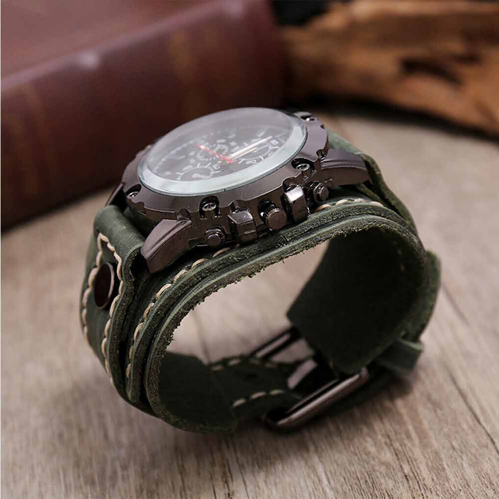 Men Punk Quartz Cuff Watch Wristwatch Military Retro PU-Leather Strap Watch